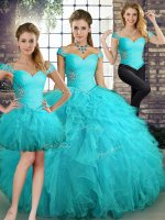 Aqua Blue Tulle Lace Up Off The Shoulder Sleeveless Floor Length 15 Quinceanera Dress Beading and Ruffles