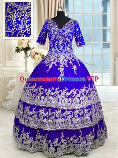 Blue V-neck Neckline Appliques and Ruffled Layers Sweet 16 Quinceanera Dress Half Sleeves Zipper - Click Image to Close