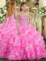 Spectacular Rose Pink Ball Gowns Sweetheart Sleeveless Organza Floor Length Lace Up Embroidery and Ruffled Layers Ball Gown Prom Dress