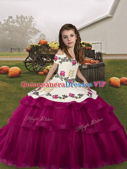 Straps Sleeveless Lace Up Winning Pageant Gowns Fuchsia Tulle - Click Image to Close