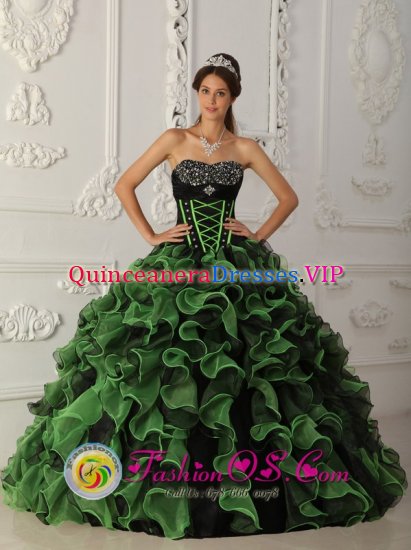 Erie Pennsylvania/PA Green and Black Beaded Decorate Bust Ruffles Layered For Quinceanera Dress - Click Image to Close
