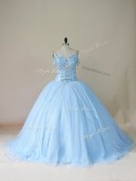 Light Blue Ball Gowns Tulle Straps Sleeveless Beading Lace Up Ball Gown Prom Dress Brush Train(SKU PSSW0768BIZ)