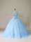 Light Blue Ball Gowns Tulle Straps Sleeveless Beading Lace Up Ball Gown Prom Dress Brush Train