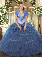 Charming Sleeveless Floor Length Beading and Ruffles Lace Up 15th Birthday Dress with Navy Blue(SKU SJQDDT1293002-1BIZ)