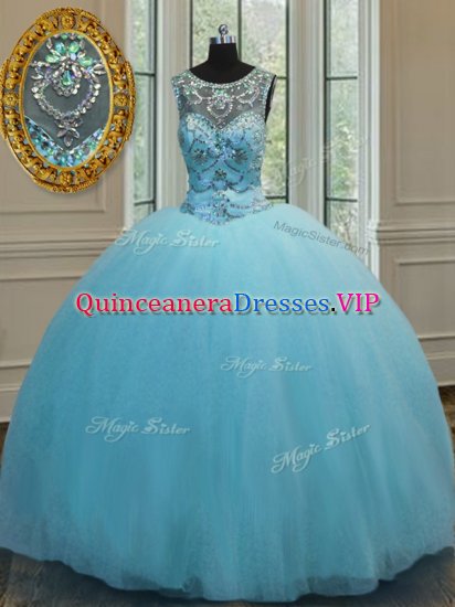 Fantastic Baby Blue Scoop Neckline Beading 15 Quinceanera Dress Sleeveless Lace Up - Click Image to Close
