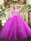 Fancy Fuchsia Ball Gowns Beading and Lace Quince Ball Gowns Zipper Tulle Sleeveless Floor Length