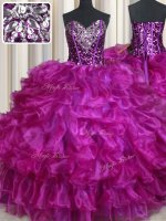 High Class Fuchsia Sleeveless Organza Lace Up Quinceanera Gown for Sweet 16 and Quinceanera