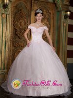 Spearfish South Dakota/SD Organza Modest Light Pink Organza and Satin Quinceanera Dress With Off The Shoulder Neckline Appliques Decorate