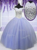 Pretty Lavender Ball Gowns Tulle Off The Shoulder Short Sleeves Beading Floor Length Lace Up Sweet 16 Dresses