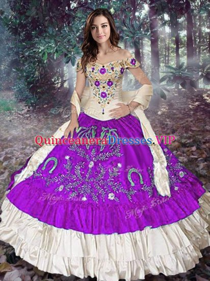 Eggplant Purple Ball Gowns Taffeta Off The Shoulder Sleeveless Embroidery and Ruffled Layers Floor Length Lace Up Military Ball Dresses For Women - Click Image to Close