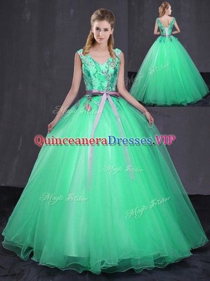 Wonderful Tulle V-neck Sleeveless Lace Up Appliques and Belt Quinceanera Gowns in Turquoise - Click Image to Close