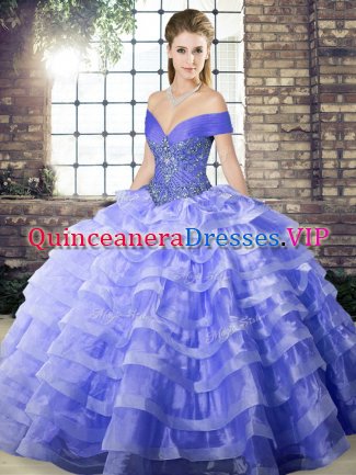 Wonderful Lavender Sleeveless Organza Brush Train Lace Up Ball Gown Prom Dress for Military Ball and Sweet 16 and Quinceanera