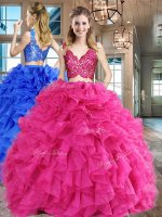 Captivating Hot Pink Zipper V-neck Lace and Ruffles Quince Ball Gowns Organza Sleeveless(SKU SXQD001BIZ)