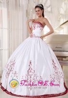 Beautiful Formal White And Wine Red Quinceanera Dress With Strapless Embroidery Decorate ball gown On Satin In Sanbornton New hampshire/NH