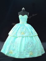 Aqua Blue Ball Gowns Satin Sweetheart Sleeveless Embroidery Floor Length Lace Up Sweet 16 Dress(SKU PSSW1108-4BIZ)