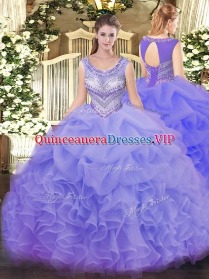 Comfortable Organza Scoop Sleeveless Lace Up Beading and Ruffles and Pick Ups Ball Gown Prom Dress in Lavender - Click Image to Close