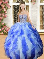 Cheap Blue And White Ball Gowns Sweetheart Sleeveless Organza Floor Length Lace Up Beading and Ruffles Casual Dresses