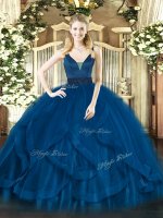 Royal Blue Tulle Zipper Straps Sleeveless Floor Length Military Ball Dresses Beading and Ruffles