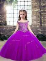 Graceful Purple Ball Gowns Appliques Girls Pageant Dresses Lace Up Tulle Sleeveless Floor Length