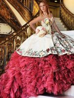 Pretty With Train White and Red Quinceanera Dresses Organza and Taffeta Brush Train Sleeveless Embroidery and Ruffles