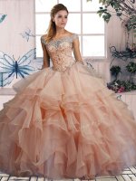 Decent Floor Length Pink Quinceanera Gown Off The Shoulder Sleeveless Lace Up