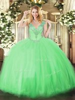 Superior Apple Green V-neck Lace Up Beading Sweet 16 Dress Sleeveless