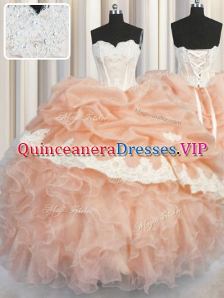 Pick Ups Sweetheart Sleeveless Lace Up Quince Ball Gowns Peach Organza