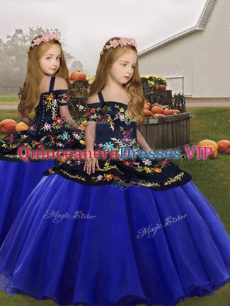 Royal Blue Organza Lace Up Spaghetti Straps Sleeveless Floor Length Little Girls Pageant Gowns Embroidery and Ruffles