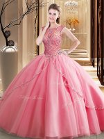 Scoop Watermelon Red Lace Up 15th Birthday Dress Beading Sleeveless Brush Train