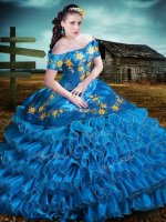 Fine Blue Off The Shoulder Neckline Embroidery and Ruffles Quinceanera Dress Sleeveless Lace Up