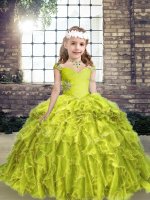 Simple Floor Length Yellow Green Pageant Gowns For Girls Organza Sleeveless Beading and Ruffles