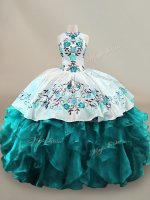 Cute Teal Ball Gowns Organza Halter Top Sleeveless Embroidery and Ruffles Floor Length Lace Up 15th Birthday Dress