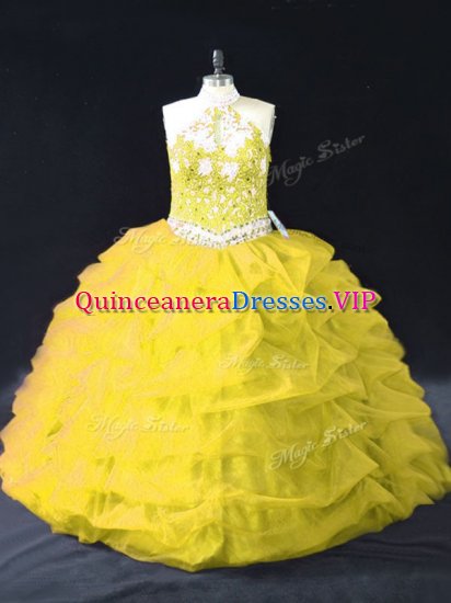 Gold Ball Gowns Appliques and Pick Ups 15 Quinceanera Dress Backless Organza Sleeveless Floor Length - Click Image to Close
