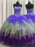Visible Boning Beading and Ruffles and Sequins 15th Birthday Dress Multi-color Lace Up Sleeveless Floor Length