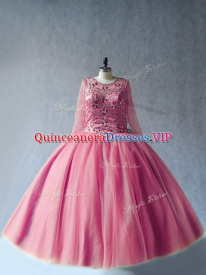 Inexpensive Floor Length Ball Gowns Long Sleeves Pink Vestidos de Quinceanera Lace Up - Click Image to Close