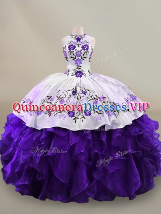 Floor Length Lace Up Quinceanera Dress White And Purple for Sweet 16 and Quinceanera with Embroidery and Ruffles