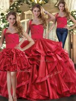 Gorgeous Straps Sleeveless Lace Up Quinceanera Dresses Red Organza
