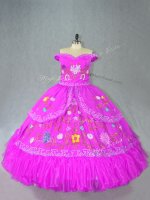 Fabulous Fuchsia Satin Lace Up 15th Birthday Dress Sleeveless Floor Length Embroidery