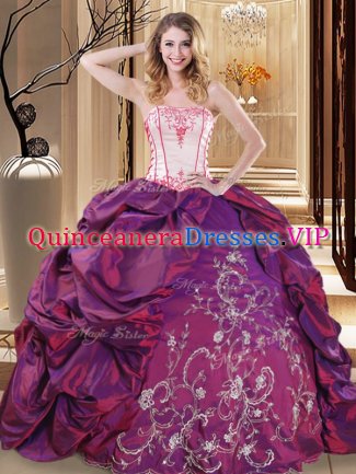 Floor Length Lace Up Quinceanera Dresses Purple for Military Ball and Sweet 16 and Quinceanera with Embroidery