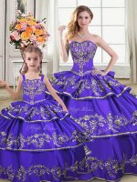 Purple Lace Up Strapless Embroidery and Ruffled Layers 15th Birthday Dress Satin and Organza Sleeveless