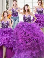 High Class Four Piece Eggplant Purple Ball Gowns Sweetheart Sleeveless Organza Floor Length Lace Up Beading and Ruffles 15th Birthday Dress