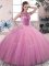 Rose Pink Ball Gowns Tulle Scoop Sleeveless Beading Floor Length Lace Up Quinceanera Gowns