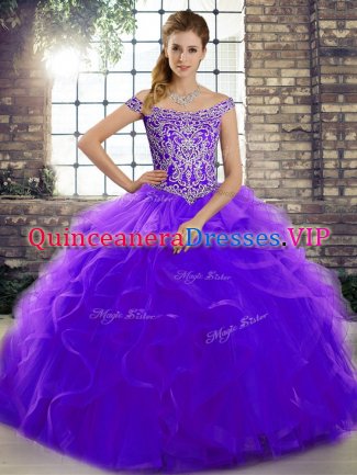 Purple Lace Up 15th Birthday Dress Beading and Ruffles Sleeveless Brush Train