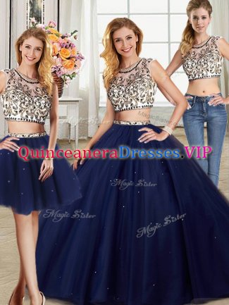 Pretty Three Piece Scoop Beading Quinceanera Gown Navy Blue Backless Cap Sleeves With Brush Train