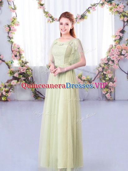Glorious Floor Length Side Zipper Court Dresses for Sweet 16 Yellow Green for Wedding Party with Lace and Belt - Click Image to Close