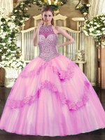 Simple Rose Pink Ball Gowns Beading and Appliques Sweet 16 Dresses Lace Up Tulle Sleeveless Floor Length
