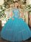 Elegant Teal Tulle Lace Up Scoop Sleeveless Floor Length Quinceanera Dresses Beading