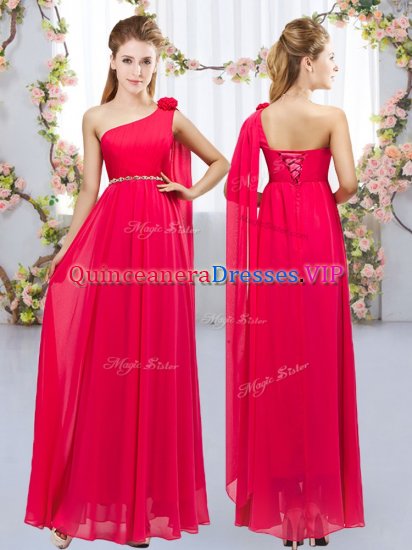 Sleeveless Chiffon Floor Length Lace Up Vestidos de Damas in Red with Beading and Hand Made Flower - Click Image to Close