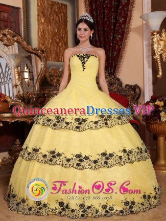 Classical Custom Made Light Yellow Ruffles Layered Quinceanera Dress With Appliques and Ruch In Spring In Ulysses Kansas/KS