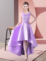 Traditional Satin Sleeveless High Low Quinceanera Court Dresses and Lace
